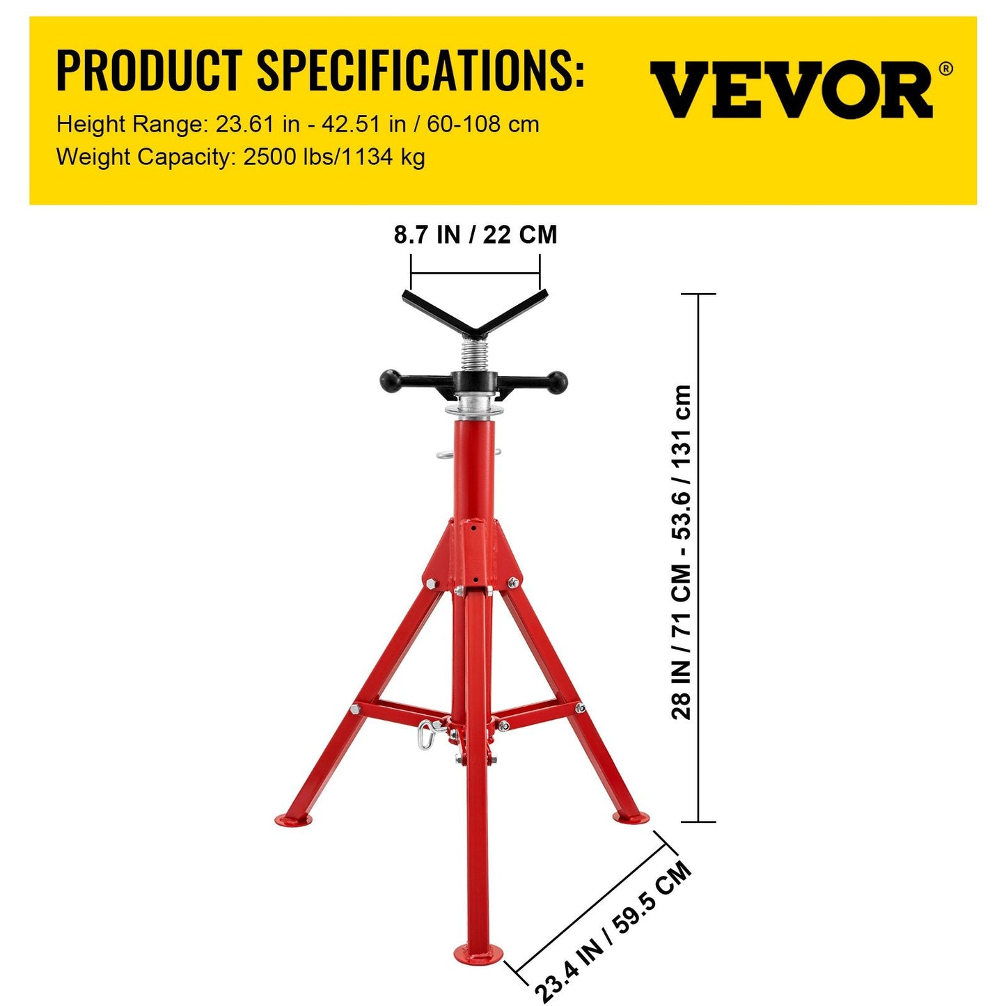 Heavy-Duty Pipe Jack Stand with V-Head, Foldable Legs, 1134 kg Capacity, 1.3 m Max Height