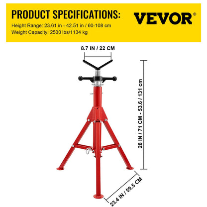 Heavy-Duty Pipe Jack Stand with V-Head, Foldable Legs, 1134 kg Capacity, 1.3 m Max Height