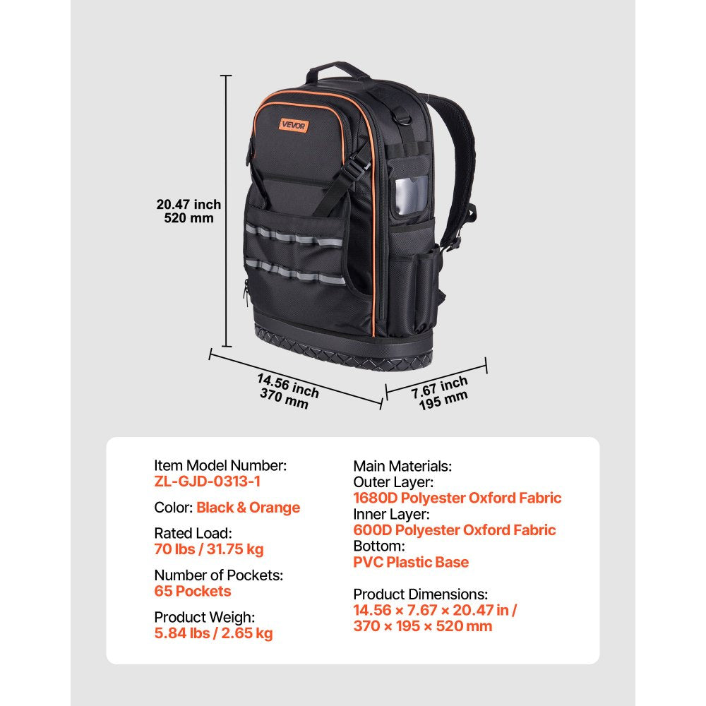 Tool Backpack 65 Pockets Tear-resistant Jobsite Backpack for Electrician