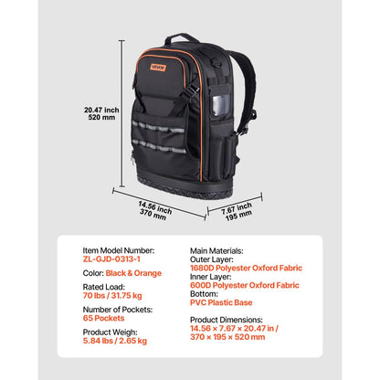 Tool Backpack 65 Pockets Tear-resistant Jobsite Backpack for Electrician