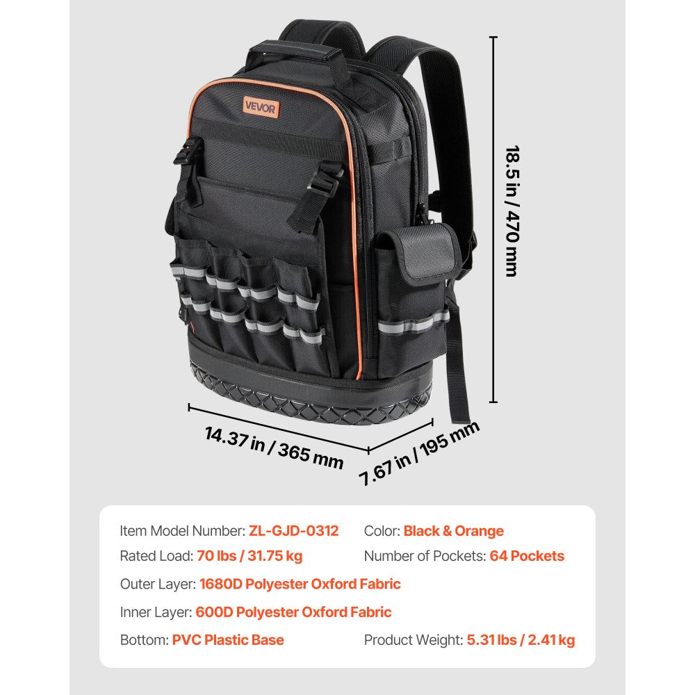 Tool Backpack 64 Pockets Tear-resistant Jobsite Backpack for Electrician