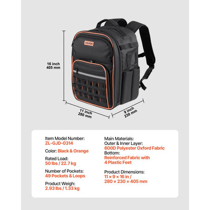 Tool Backpack 49 Pockets Tear-resistant Jobsite Backpack for Electrician