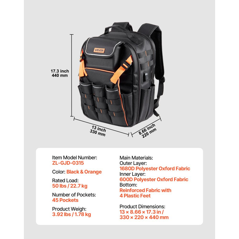 Tool Backpack 45 Pockets Tear-resistant Jobsite Backpack for Electrician