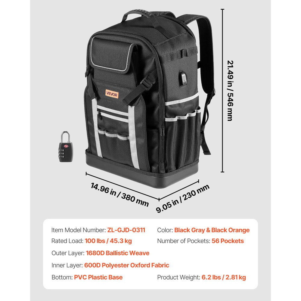 Tool Backpack 56 Pockets Splash-resistant Jobsite Backpack for Electrician