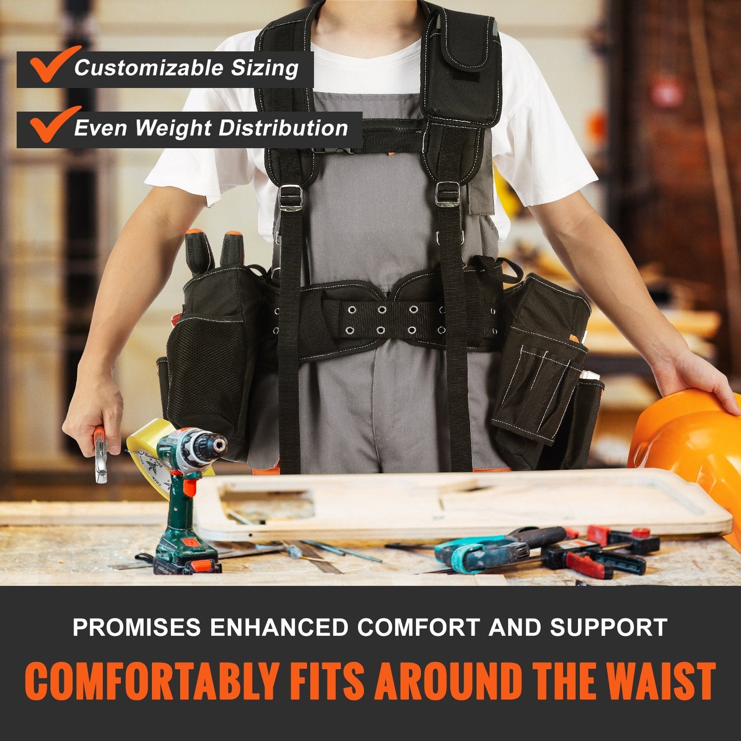 Heavy Duty Tool Belt with Suspenders, 29 Pockets, Adjustable 0.74-1.37 m Waist