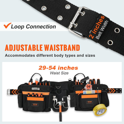 VEVOR Tool Belt with Suspenders, 29 Pockets, 29-54 inches Adjustable Waist Size,