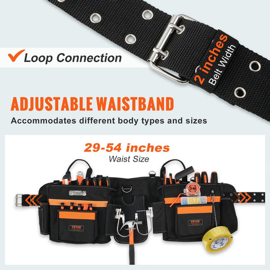 Heavy Duty Tool Belt with Suspenders, 29 Pockets, Adjustable 0.74-1.37 m Waist