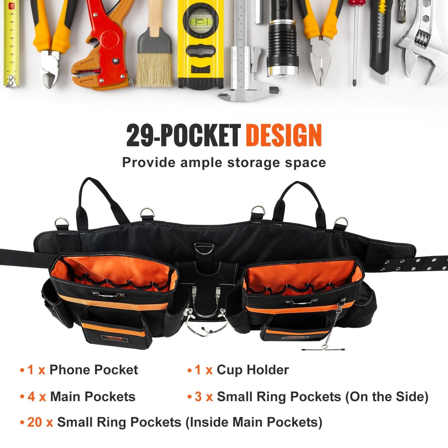 Heavy Duty Tool Belt with Suspenders, 29 Pockets, Adjustable 0.74-1.37 m Waist