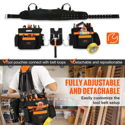 VEVOR Tool Belt with Suspenders, 29 Pockets, 29-54 inches Adjustable Waist Size,