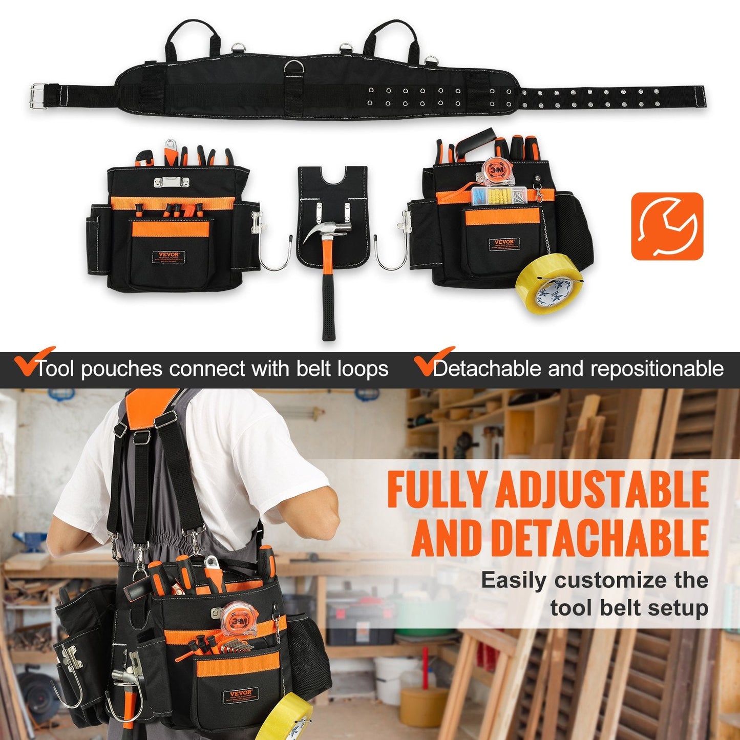 Heavy Duty Tool Belt with Suspenders, 29 Pockets, Adjustable 0.74-1.37 m Waist