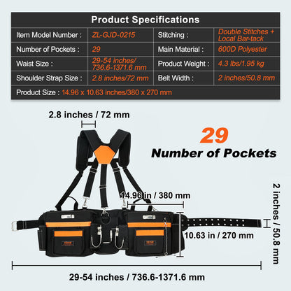 VEVOR Tool Belt with Suspenders, 29 Pockets, 29-54 inches Adjustable Waist Size,