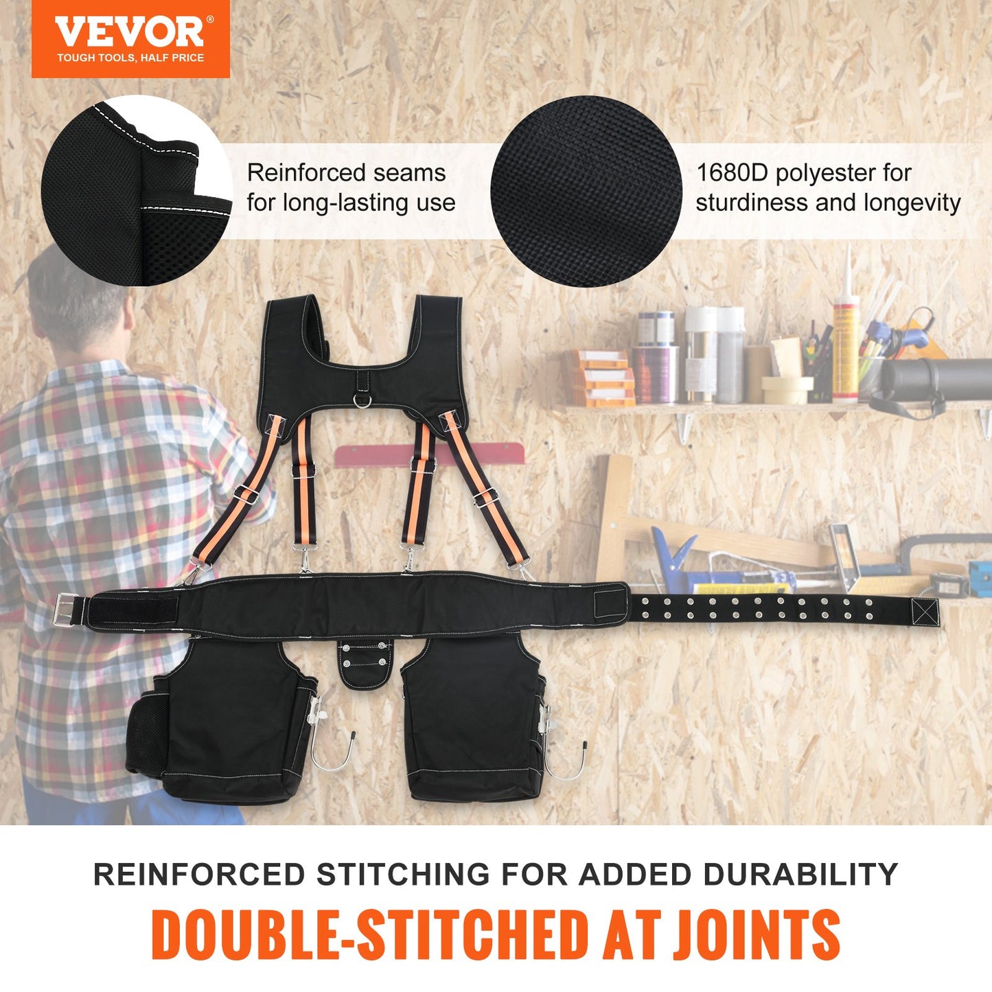 VEVOR Tool Belt with Suspenders, 29 Pockets, 29-54 inches Adjustable Waist Size,
