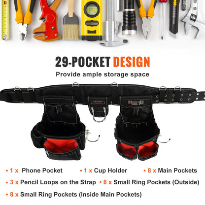 Heavy Duty Tool Belt with Suspenders, 29 Pockets, Adjustable Waist 0.74-1.37m