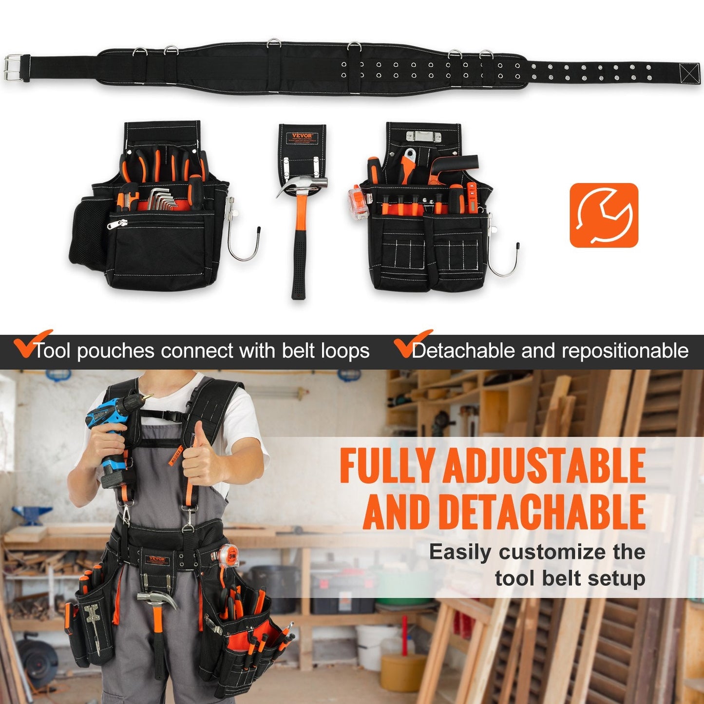 Heavy Duty Tool Belt with Suspenders, 29 Pockets, Adjustable Waist 0.74-1.37m