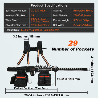VEVOR Tool Belt with Suspenders, 29 Pockets, 29-54 inches Adjustable Waist Size,