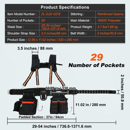 Heavy Duty Tool Belt with Suspenders, 29 Pockets, Adjustable Waist 0.74-1.37m