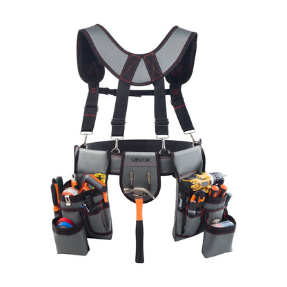 Tool Belt, 22 Pockets Tool Pouch with Suspenders for Men, Heavy Duty Adjustable Utility Belt Bag Suspenders for Electrician, Carpenter, Construction, Work Apron Organizer Waist Adjust 81-173 cm
