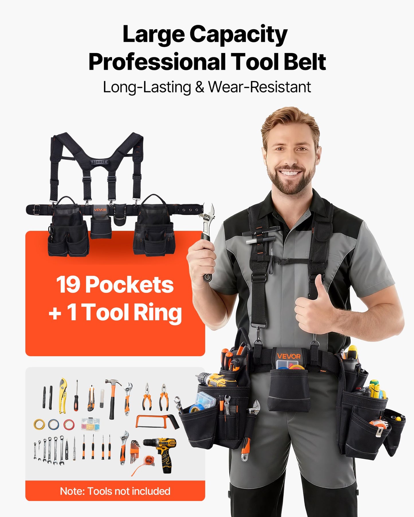 Tool Belt, 19 Pockets Tool Pouch with Suspenders for Men, Heavy Duty Adjustable Utility Belt Work Bag Detachable Suspension Rig for Electrician, Carpenter, Construction, Adjust Waist 80-131 cm