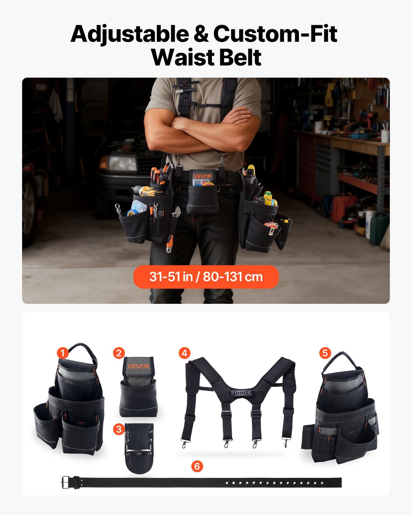 Tool Belt, 19 Pockets Tool Pouch with Suspenders for Men, Heavy Duty Adjustable Utility Belt Work Bag Detachable Suspension Rig for Electrician, Carpenter, Construction, Adjust Waist 80-131 cm