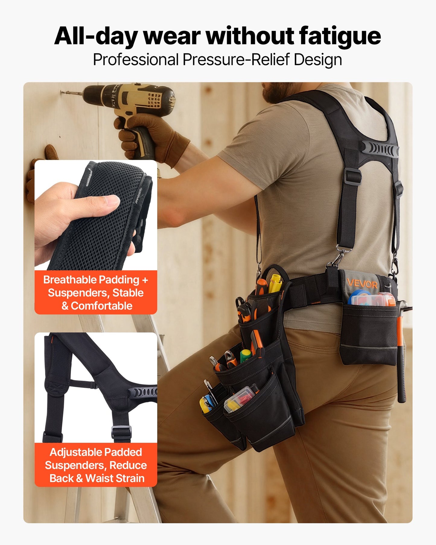 Tool Belt, 19 Pockets Tool Pouch with Suspenders for Men, Heavy Duty Adjustable Utility Belt Work Bag Detachable Suspension Rig for Electrician, Carpenter, Construction, Adjust Waist 80-131 cm