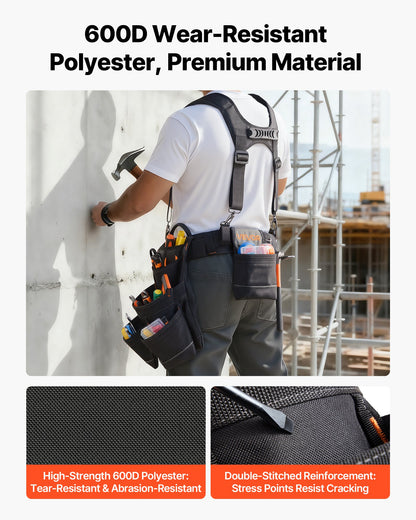 Tool Belt, 19 Pockets Tool Pouch with Suspenders for Men, Heavy Duty Adjustable Utility Belt Work Bag Detachable Suspension Rig for Electrician, Carpenter, Construction, Adjust Waist 80-131 cm
