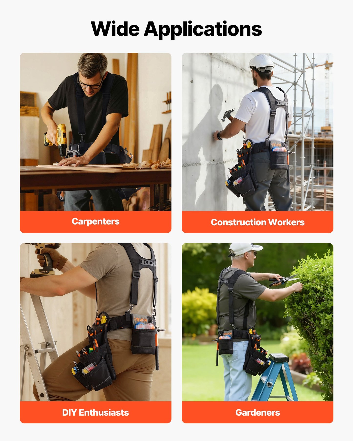 Tool Belt, 19 Pockets Tool Pouch with Suspenders for Men, Heavy Duty Adjustable Utility Belt Work Bag Detachable Suspension Rig for Electrician, Carpenter, Construction, Adjust Waist 80-131 cm