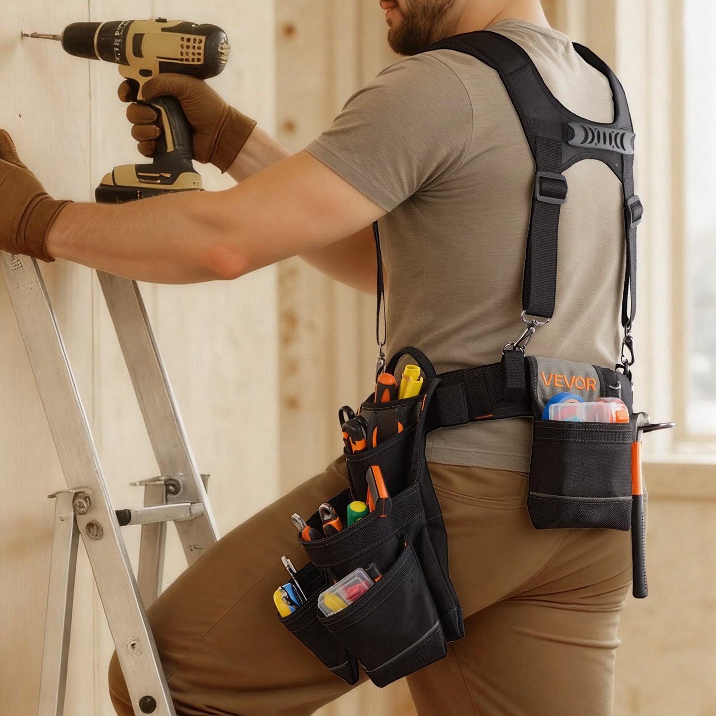 Tool Belt, 19 Pockets Tool Pouch with Suspenders for Men, Heavy Duty Adjustable Utility Belt Work Bag Detachable Suspension Rig for Electrician, Carpenter, Construction, Adjust Waist 80-131 cm