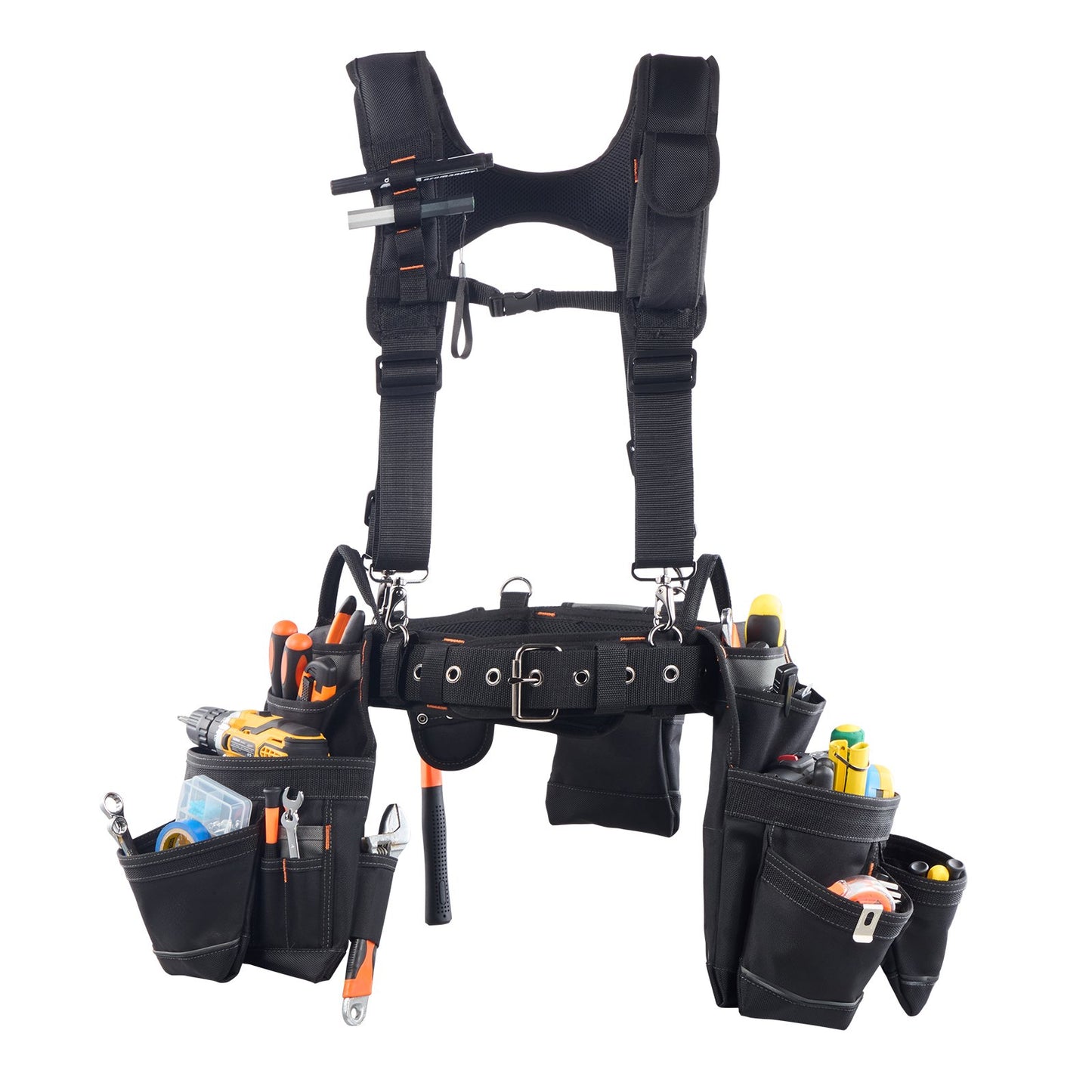Tool Belt, 19 Pockets Tool Pouch with Suspenders for Men, Heavy Duty Adjustable Utility Belt Work Bag Detachable Suspension Rig for Electrician, Carpenter, Construction, Adjust Waist 80-131 cm