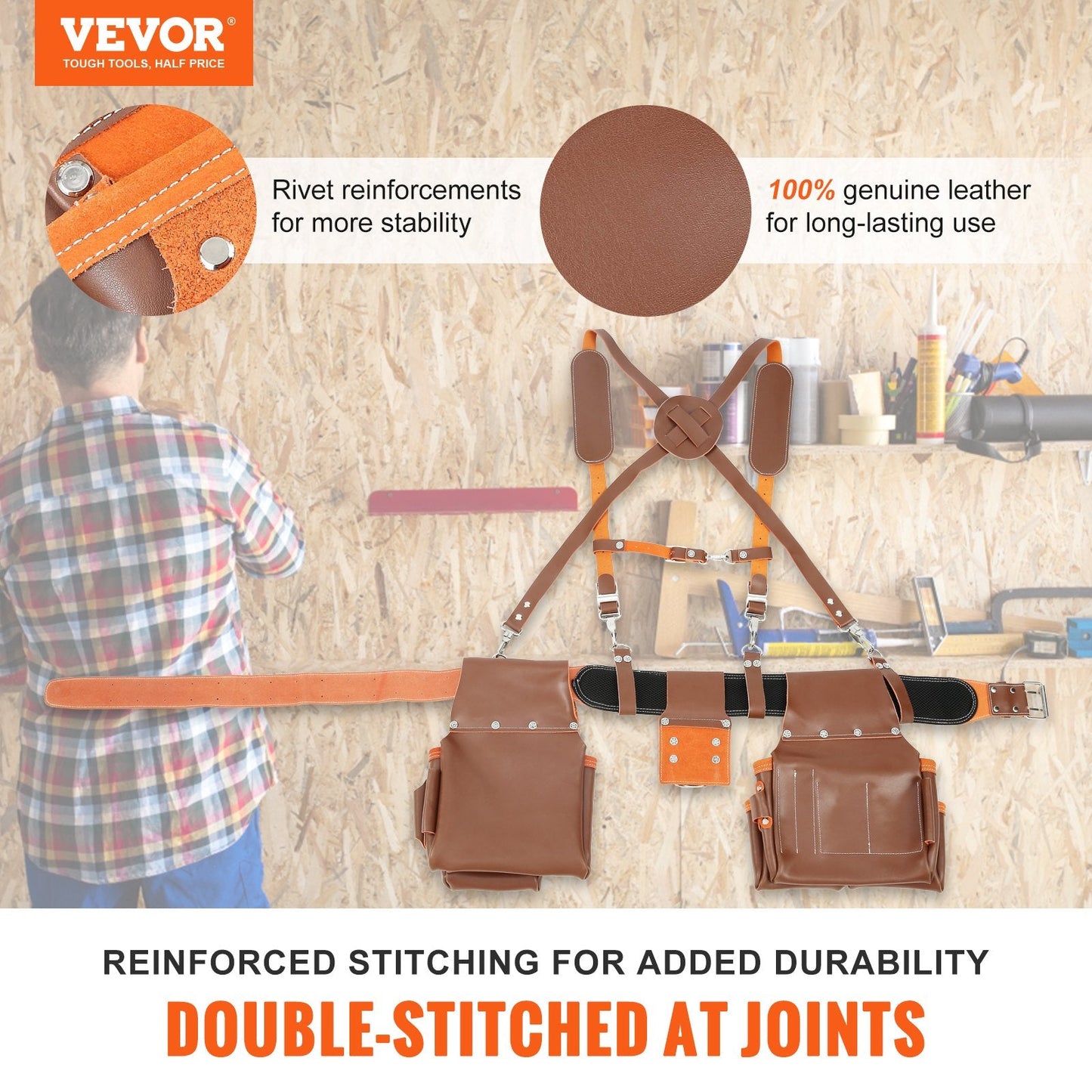 Leather Tool Belt with Suspenders, 19 Pockets, Adjustable 0.74-1.37 m Waist
