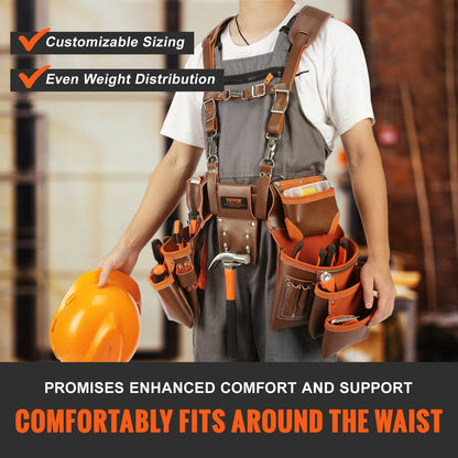 Leather Tool Belt with Suspenders, 19 Pockets, Adjustable 0.74-1.37 m Waist