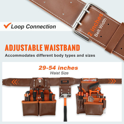 Leather Tool Belt with Suspenders, 19 Pockets, Adjustable 0.74-1.37 m Waist