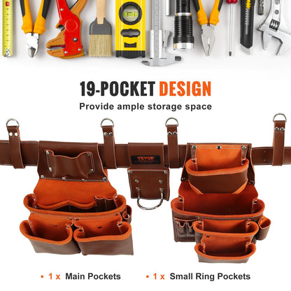 Leather Tool Belt with Suspenders, 19 Pockets, Adjustable 0.74-1.37 m Waist