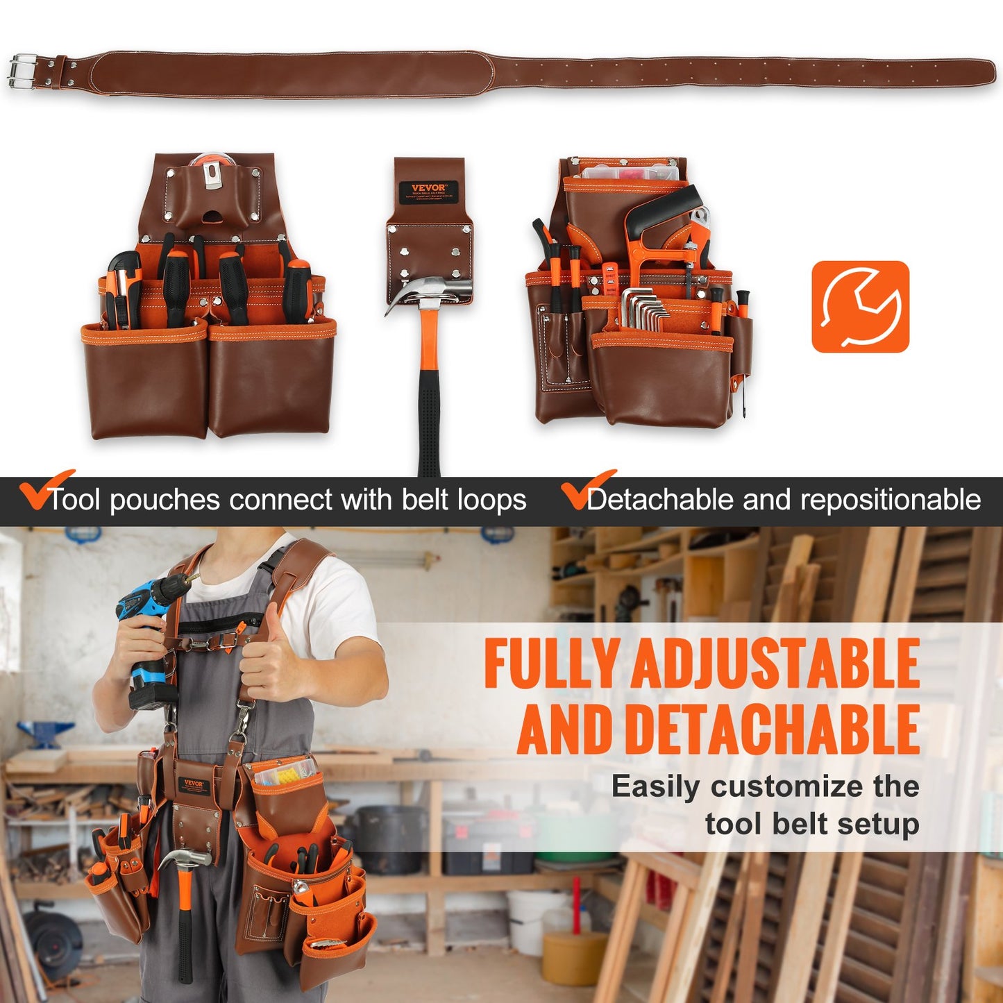 VEVOR Tool Belt with Suspenders, 19 Pockets, 29-54 inches Adjustable Waist Size,
