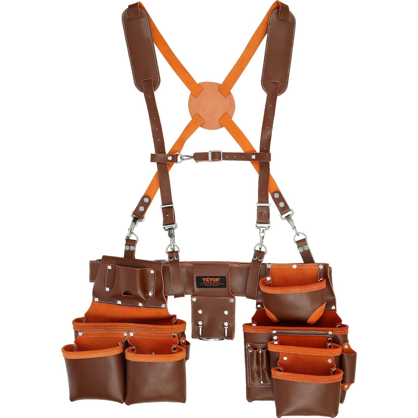 Leather Tool Belt with Suspenders, 19 Pockets, Adjustable 0.74-1.37 m Waist