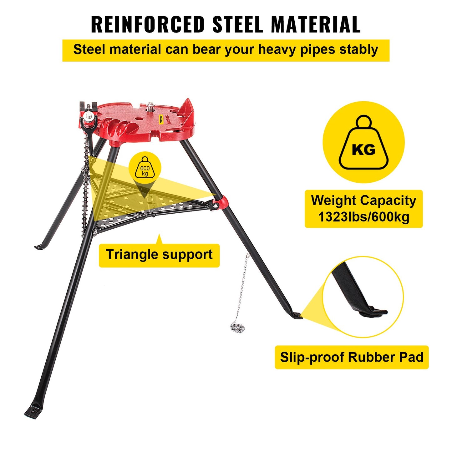 VEVOR Tripod Pipe Chain Vise Stand 1/8" to 6" w/ Steel Legs & Rubber Mounts Bib