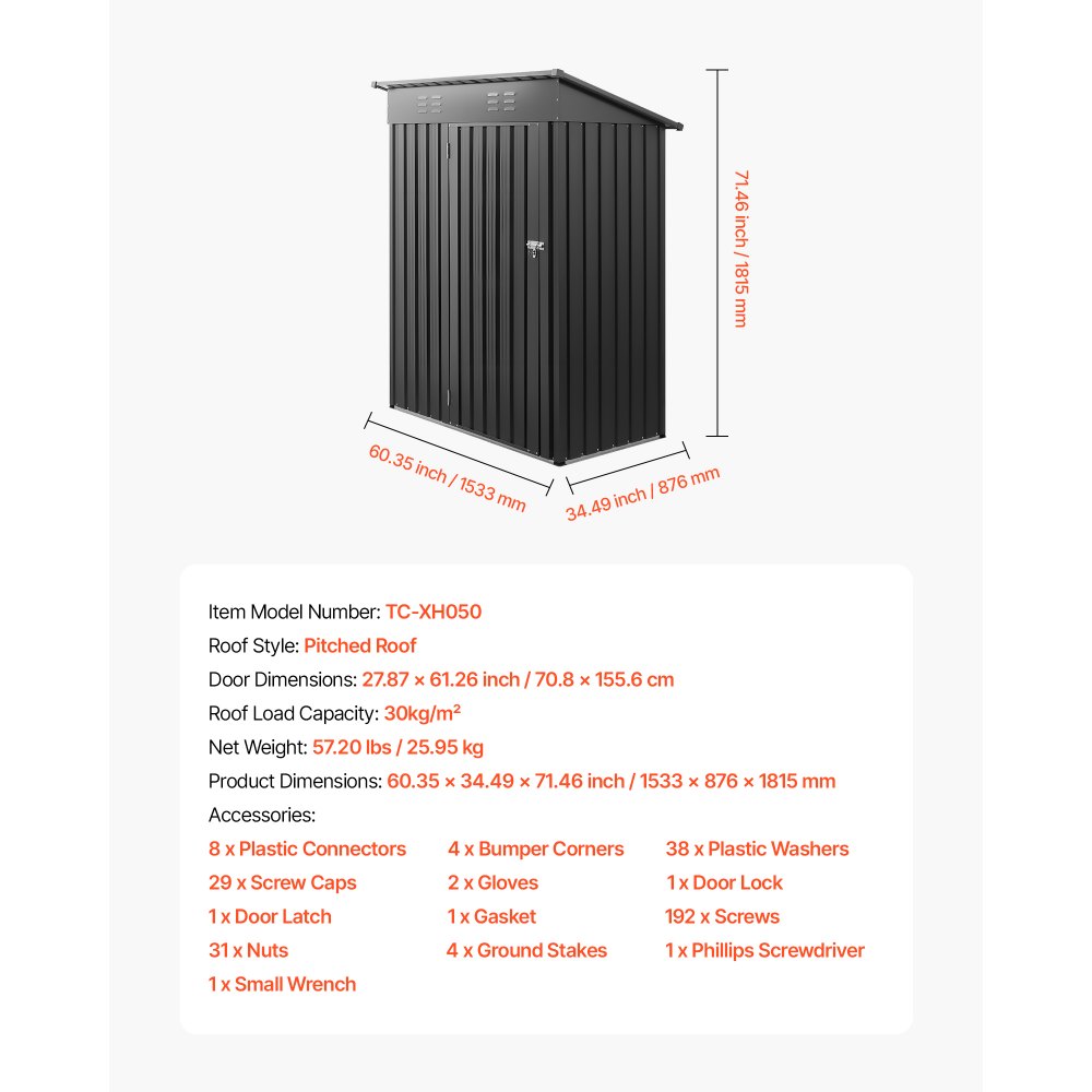 1533 x 876 x 1815 mm Metal Garden Shed with 2 Louver Vents Waterproof Grey