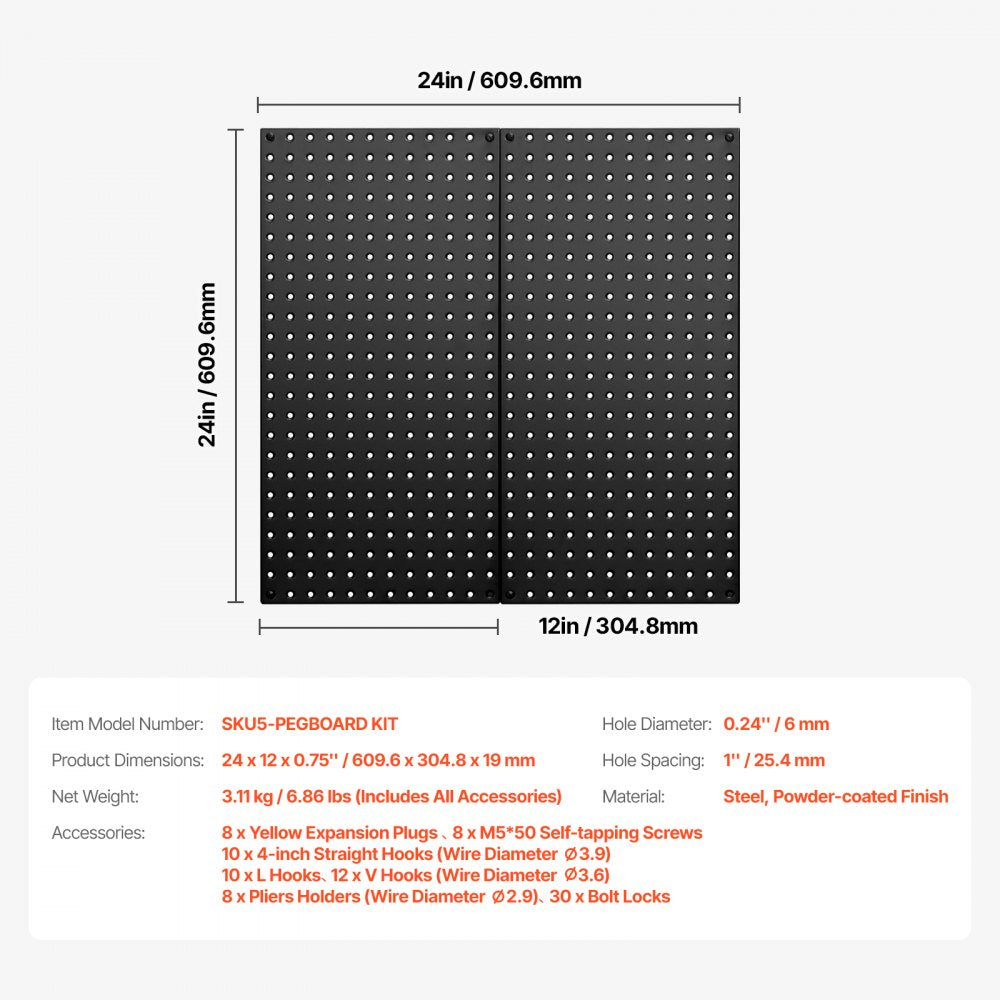 VEVOR Metal Pegboard Panels 609.6 x 304.8 mm 2 Panels Wall Organizer for Home