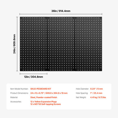 VEVOR Metal Pegboard Panels 609.6 x 304.8 mm 3 Panels Wall Organizer for Home