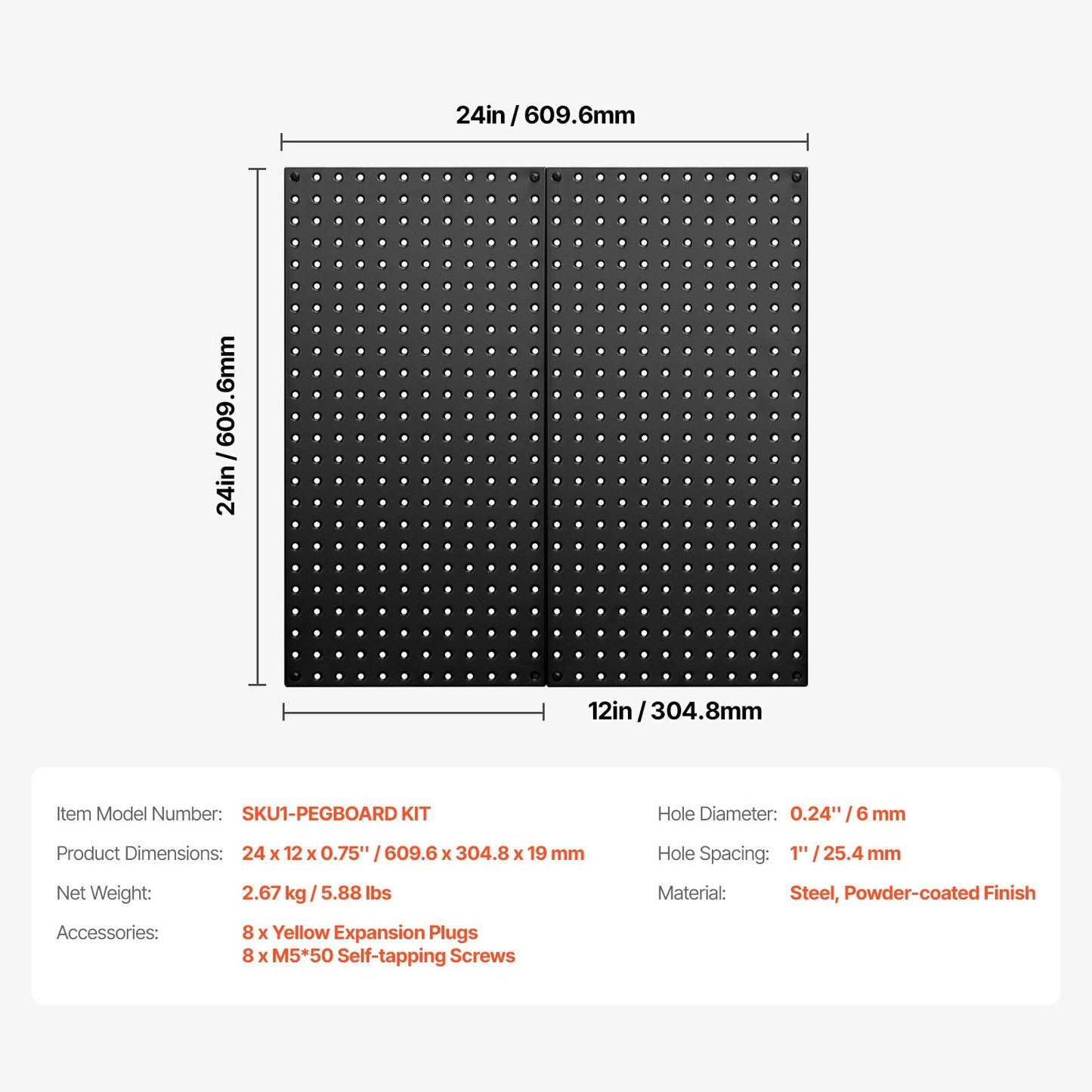 Heavy-Duty Steel Pegboard Panels 61 x 30 cm - 2 Pack Wall Organizer, 40 kg Capacity