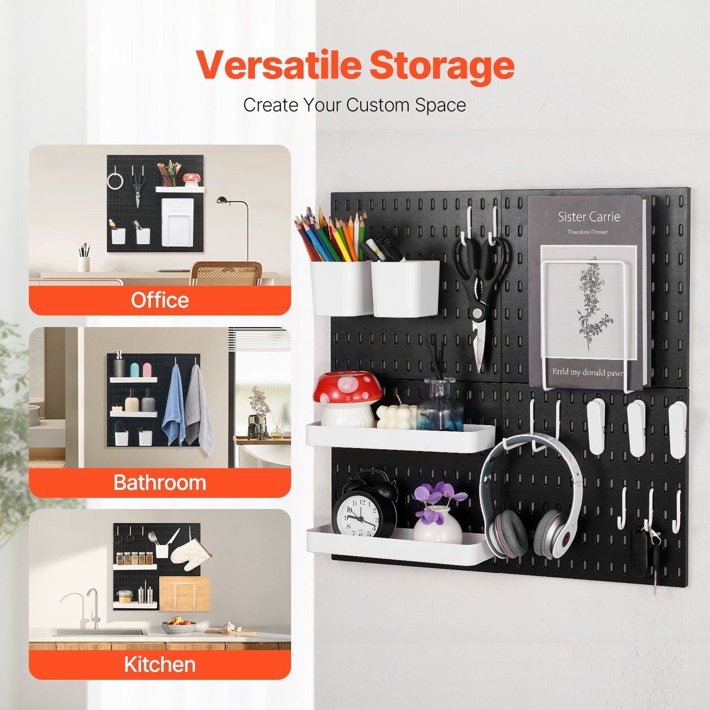 Modular Plastic Pegboard Kit, 0.28 x 0.28 m, 4 Panels, Black, Heavy Duty