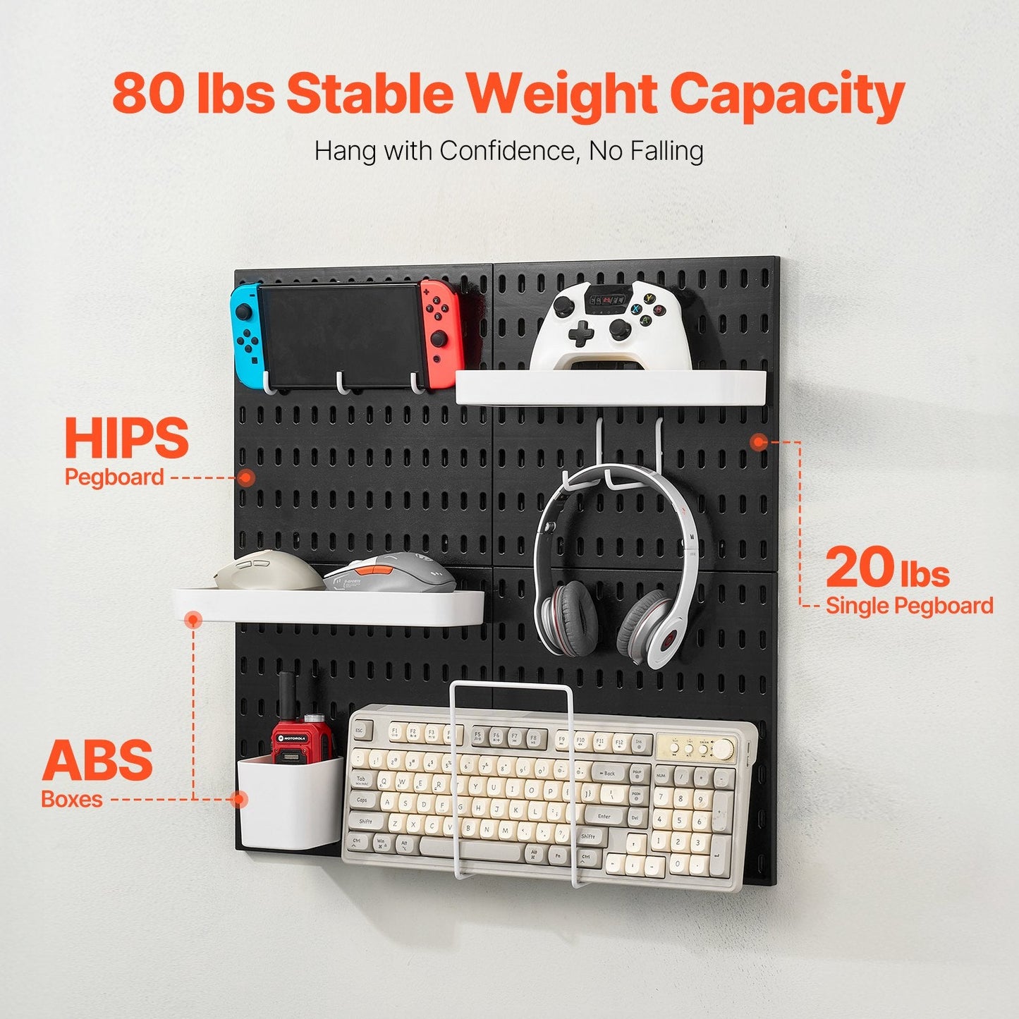 Modular Plastic Pegboard Kit, 0.28 x 0.28 m, 4 Panels, Black, Heavy Duty