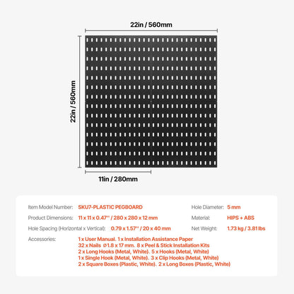 Modular Plastic Pegboard Kit, 0.28 x 0.28 m, 4 Panels, Black, Heavy Duty