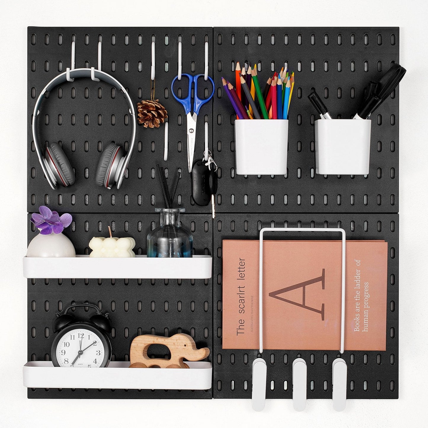 Modular Plastic Pegboard Kit, 0.28 x 0.28 m, 4 Panels, Black, Heavy Duty