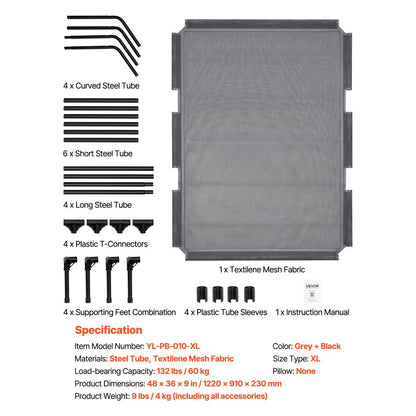 VEVOR Elevated Dog Bed for Large Dog Portable Raised Dog Cot with Metal Frame XL
