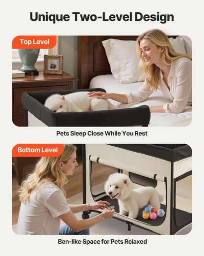 Elevated Lounge Pet Bed, Foldable Bunk Dog Bed with 600D Oxford Cloth and Dutch Velvet, Portable Raised Cot with Wheels, Side Storage Bags, and Carry Bag for Cats & Dogs, L, Beige