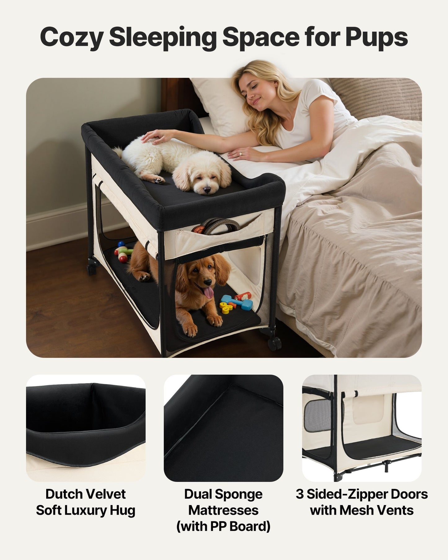 Elevated Lounge Pet Bed, Foldable Bunk Dog Bed with 600D Oxford Cloth and Dutch Velvet, Portable Raised Cot with Wheels, Side Storage Bags, and Carry Bag for Cats & Dogs, L, Beige