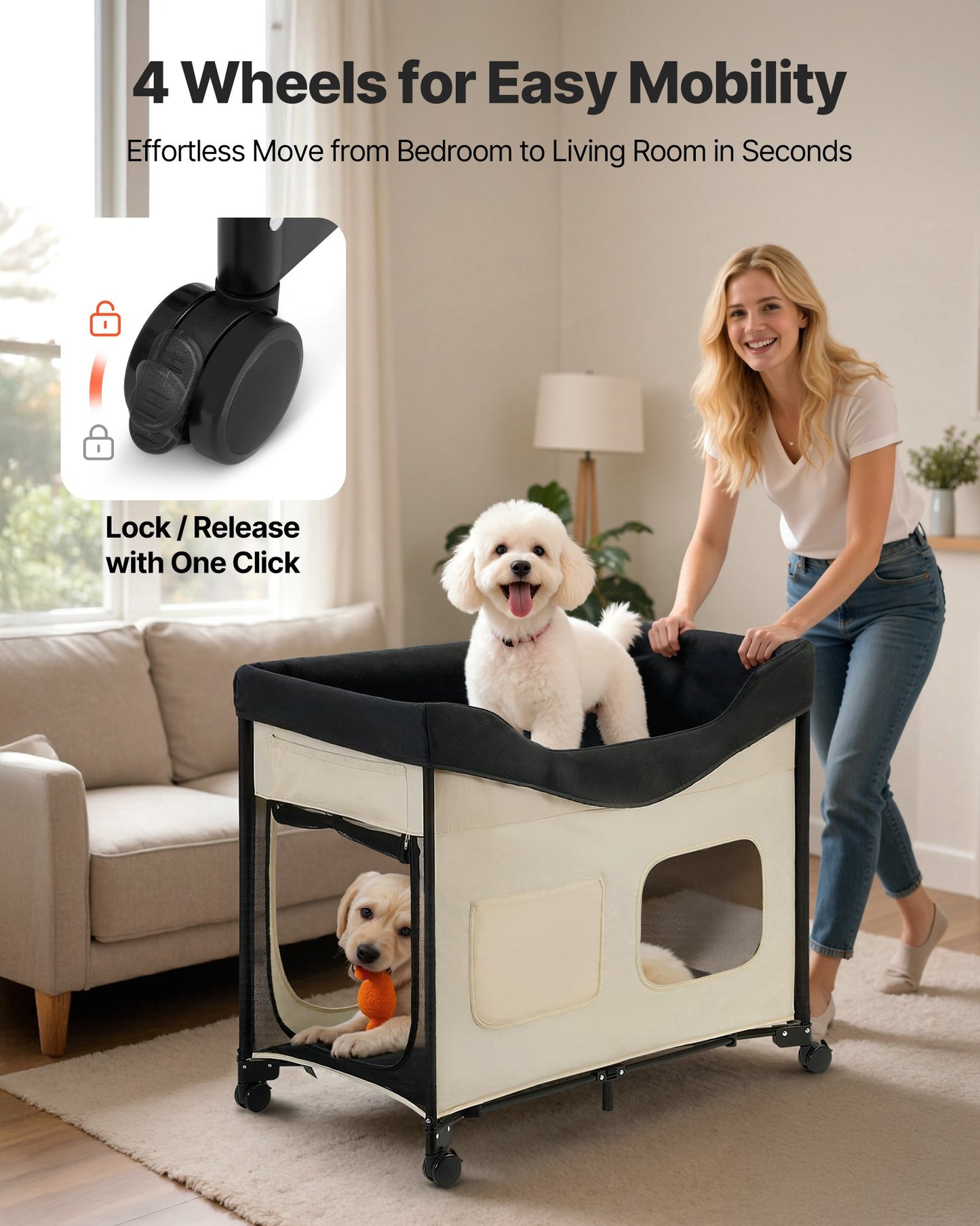 Elevated Lounge Pet Bed, Foldable Bunk Dog Bed with 600D Oxford Cloth and Dutch Velvet, Portable Raised Cot with Wheels, Side Storage Bags, and Carry Bag for Cats & Dogs, L, Beige