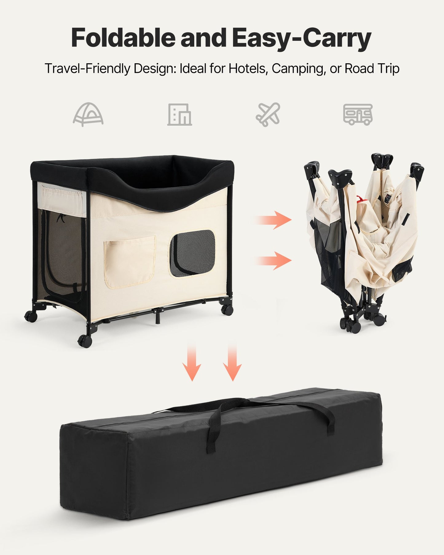 Elevated Lounge Pet Bed, Foldable Bunk Dog Bed with 600D Oxford Cloth and Dutch Velvet, Portable Raised Cot with Wheels, Side Storage Bags, and Carry Bag for Cats & Dogs, L, Beige