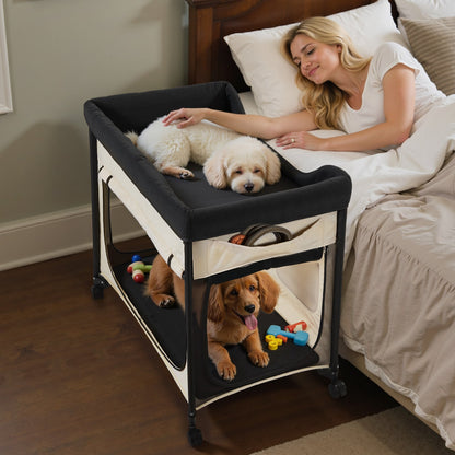 Elevated Lounge Pet Bed, Foldable Bunk Dog Bed with 600D Oxford Cloth and Dutch Velvet, Portable Raised Cot with Wheels, Side Storage Bags, and Carry Bag for Cats & Dogs, L, Beige