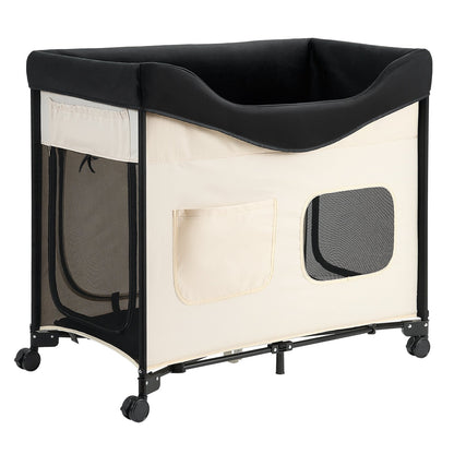 Elevated Lounge Pet Bed, Foldable Bunk Dog Bed with 600D Oxford Cloth and Dutch Velvet, Portable Raised Cot with Wheels, Side Storage Bags, and Carry Bag for Cats & Dogs, L, Beige